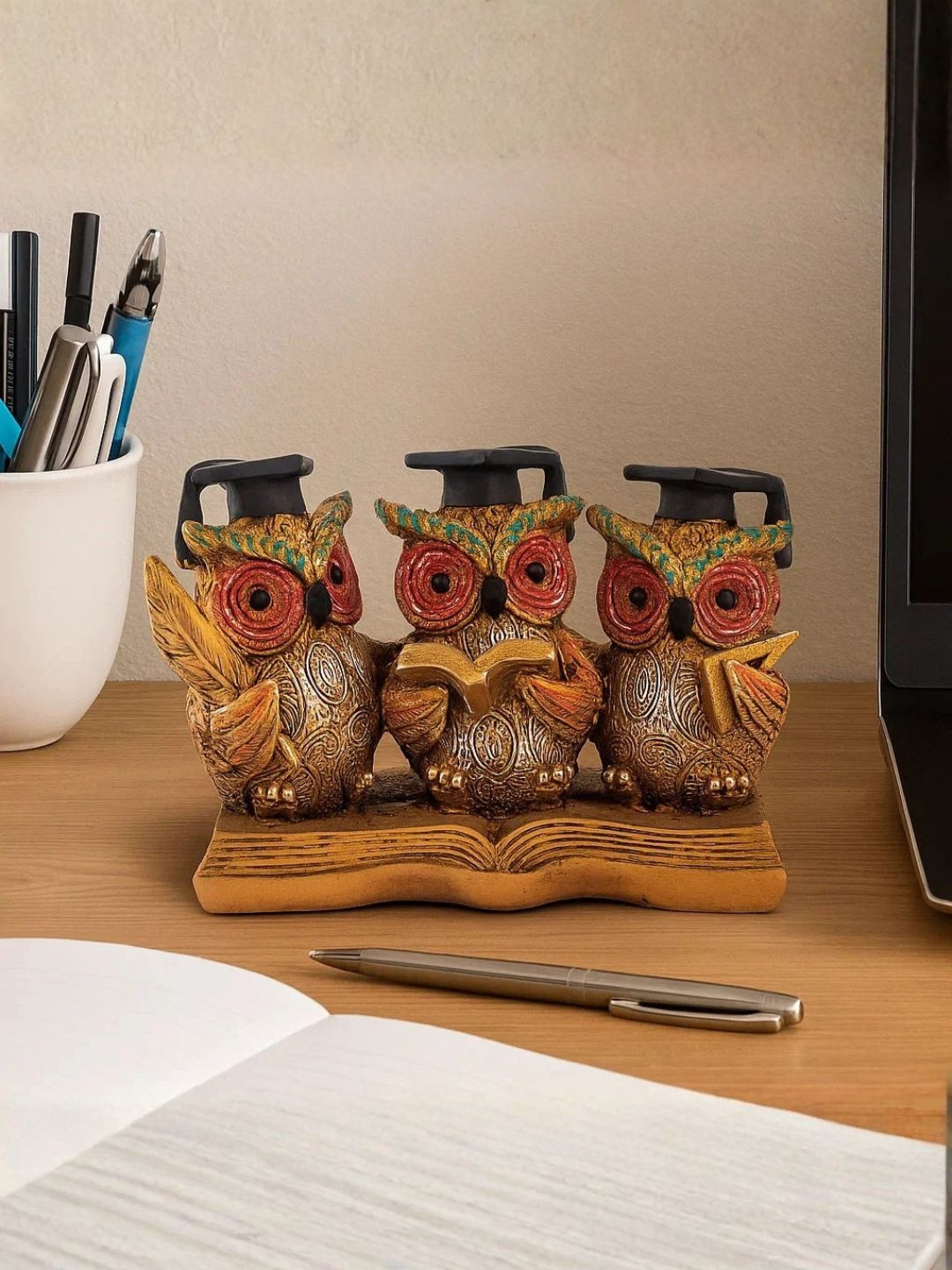 SMOKEY COCKTAIL Brown & Yellow Scholar Owl With Knowledge Book Showpiece