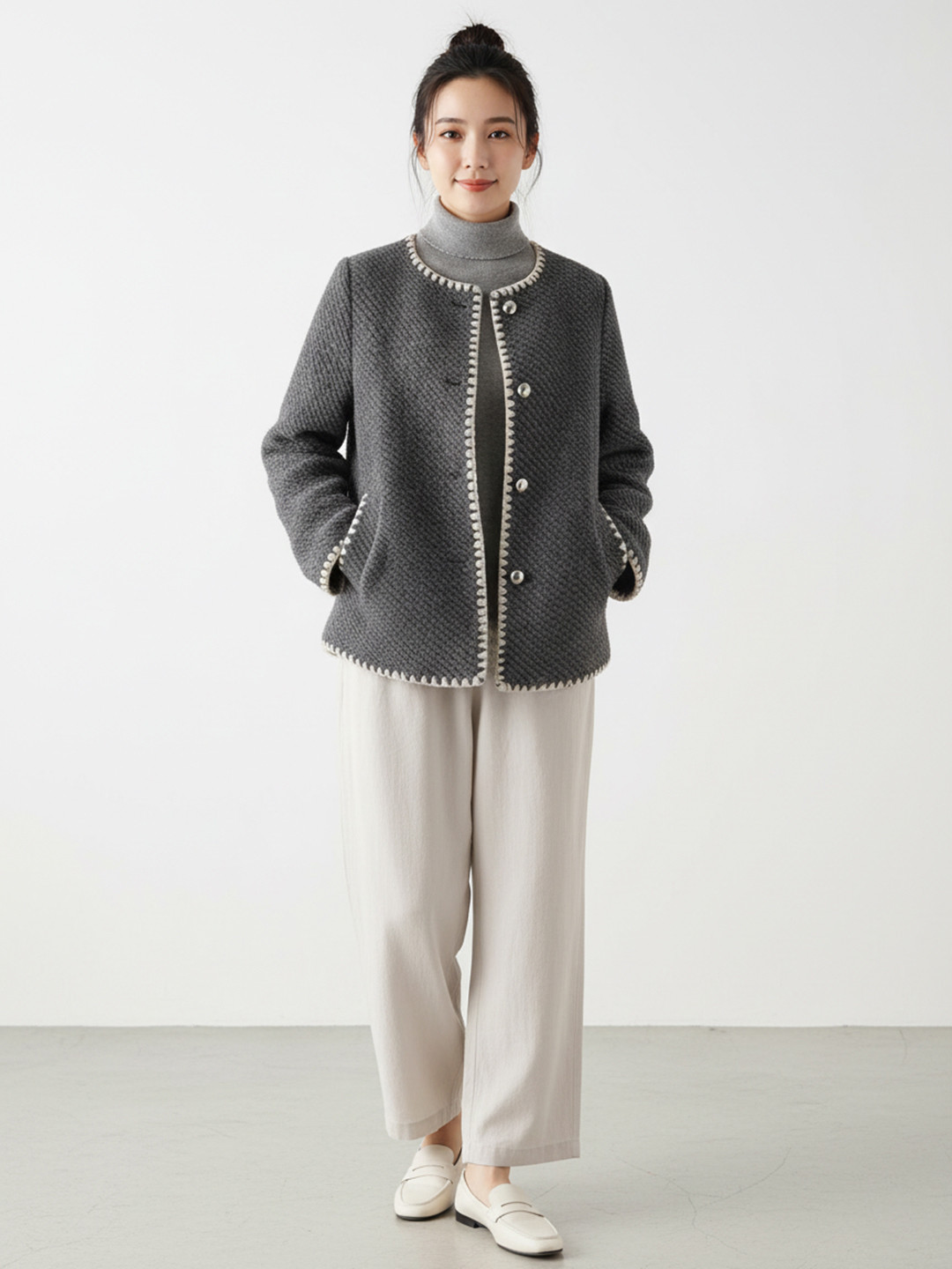 HERE&NOW Women Casual Contrast Piping Single-Breasted Jacket