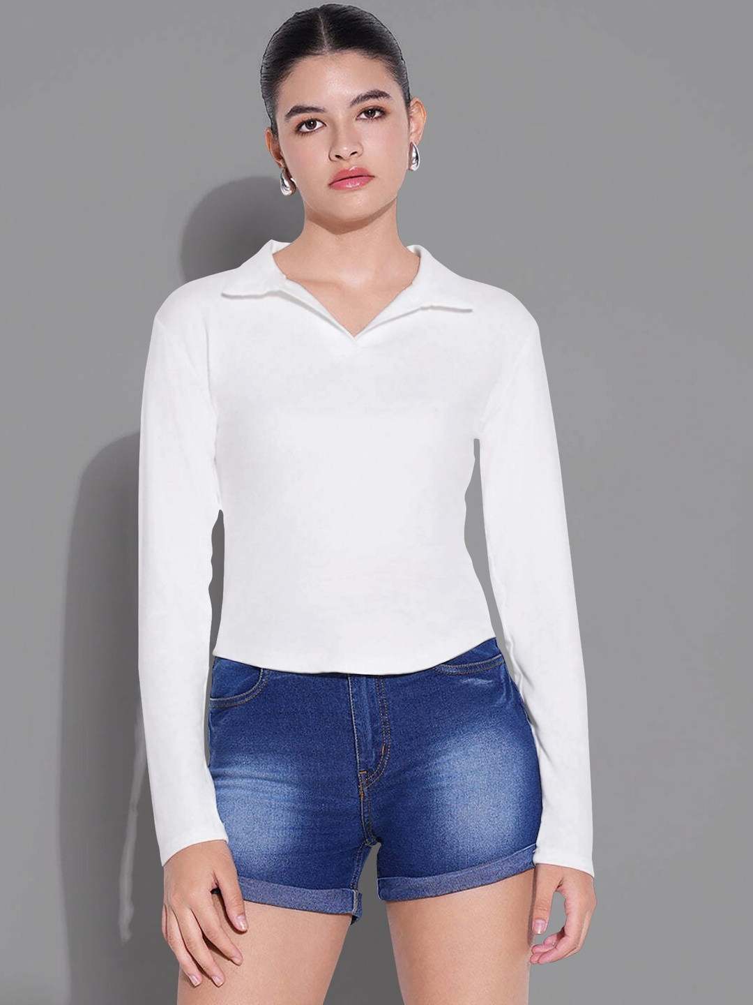 Maheshvi Top-24-Apple-White Women Solid Shirt Style Full Sleeve Top