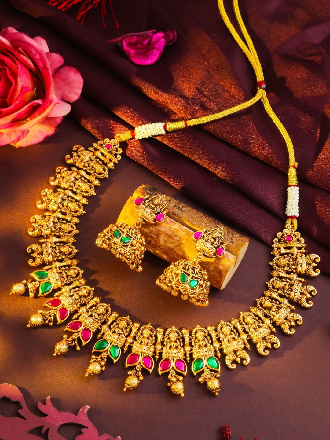 South Temple Jewellery Gold-Plated Artificial Stones Studded & Beaded Temple Jewellery Set