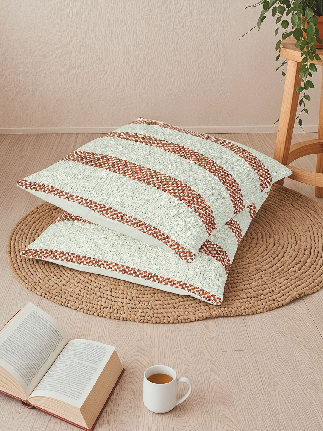 House This Shivalik Rust & White 2 Pieces Striped Textured Cotton Square Cushion Covers