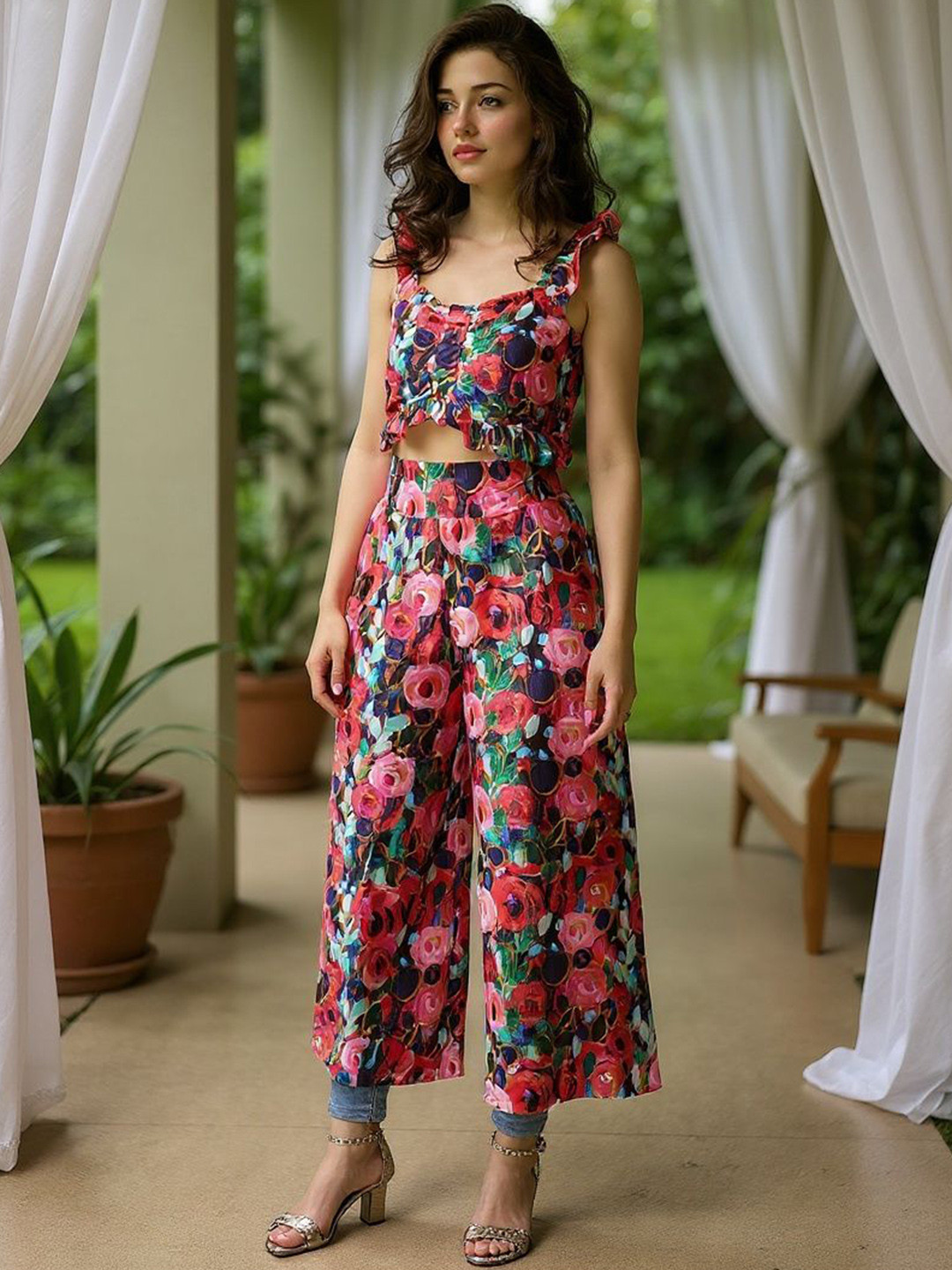 SZN Floral Printed Ruched Effect Ruffled Detail Top With Trousers