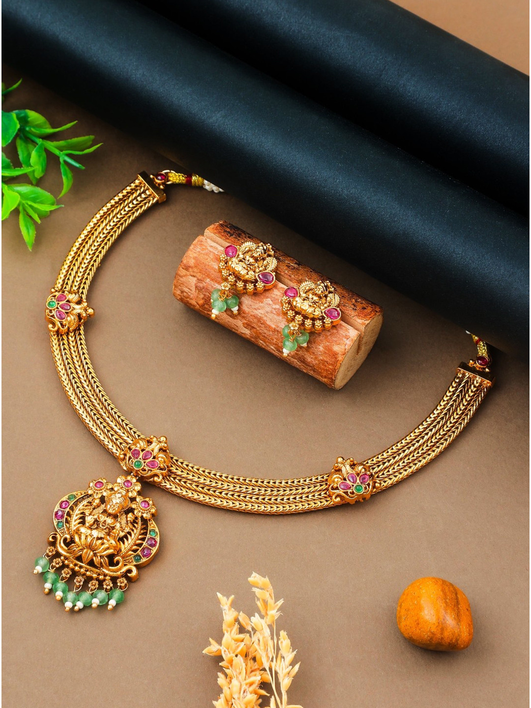 South Temple Jewellery Gold-Plated Artificial Stones Studded & Beaded Temple Jewellery Set