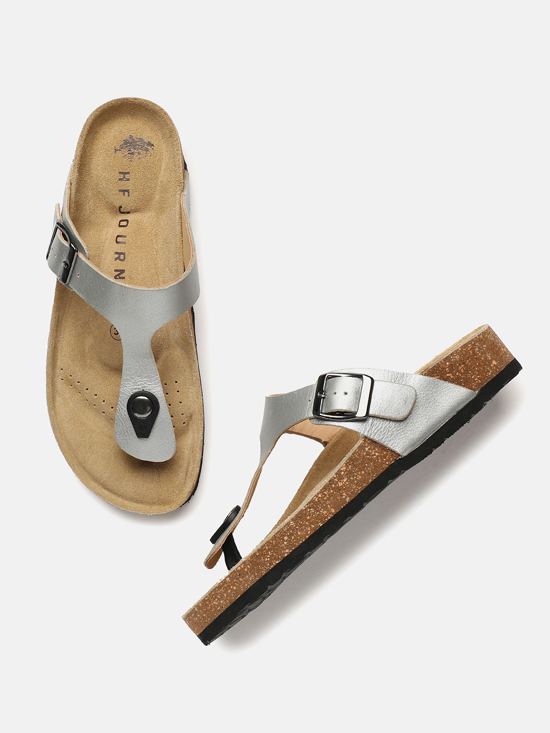 HF JOURNEY Women Cork T-Strap Leather Flats with Buckle Detail