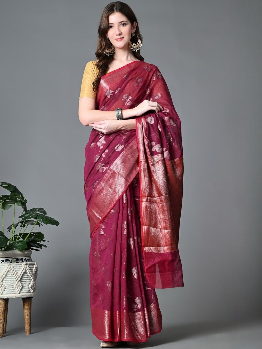 365 WINKS Maroon Kota Doria Cotton Saree