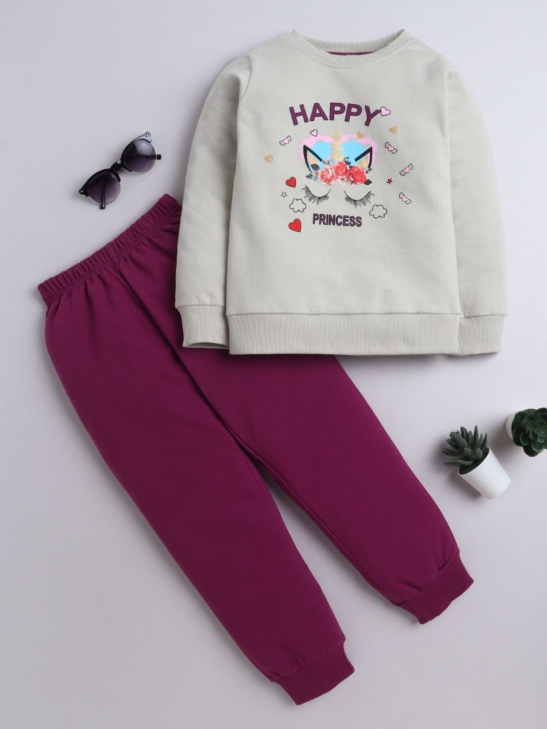 BRIGHT STARS KIDSWEAR Girls Printed Long Sleeves Pure Cotton Sweatshirt With Joggers