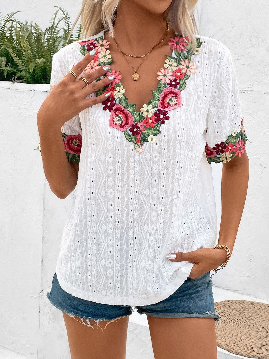 Routes by All About You Women Floral Embroidered V-Neck Short Sleeve Top
