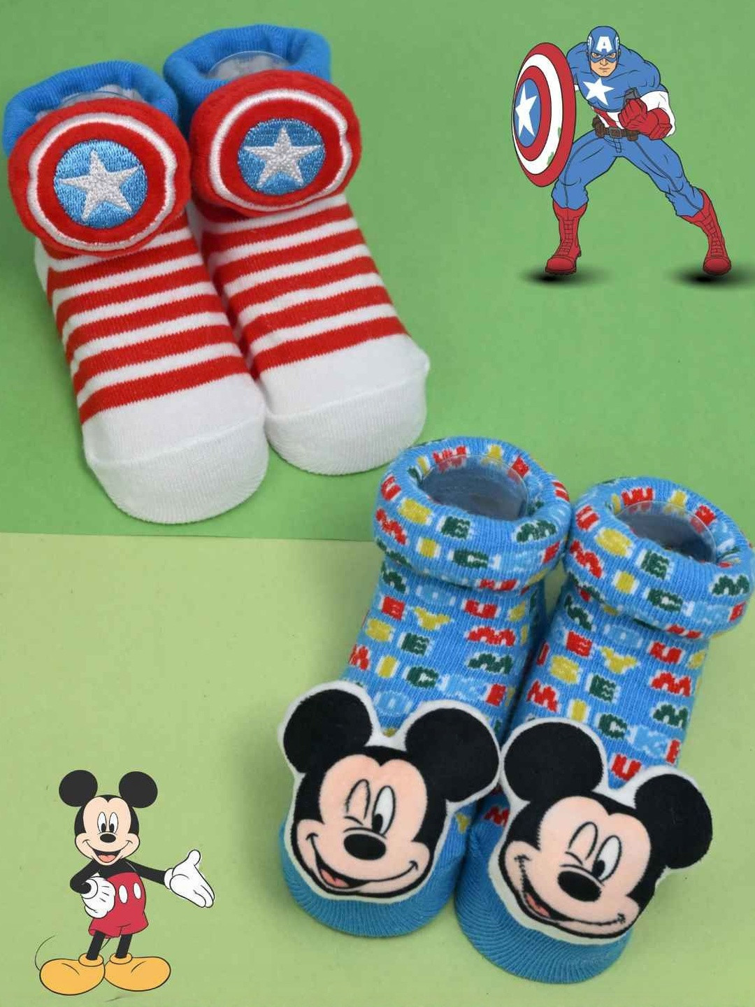 Yellow Bee Boys Pack Of 2 Marvel Captain America & Mickey Mouse Cotton Ankle Length Socks