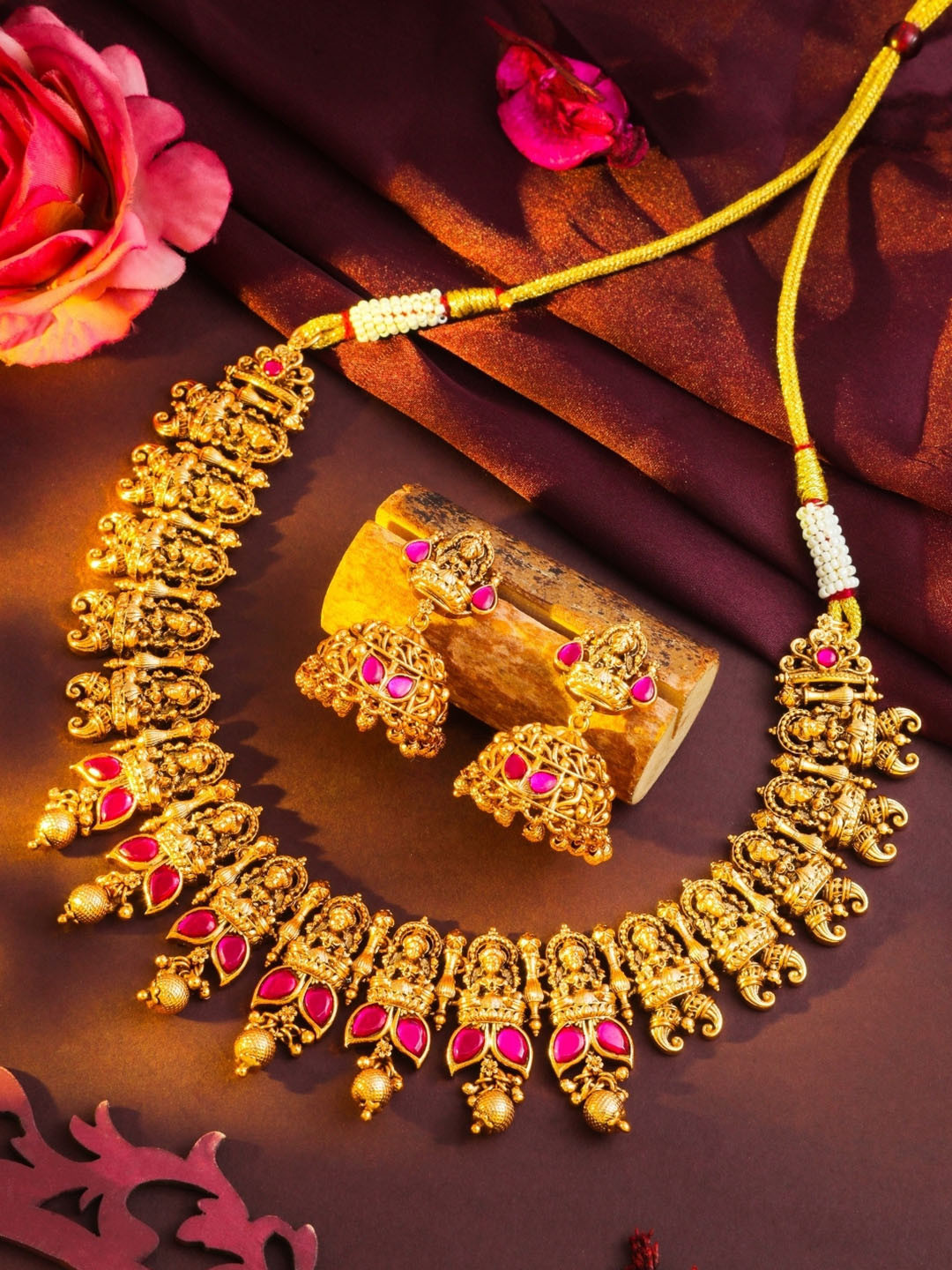 South Temple Jewellery Gold-Plated Stones Studded & Beaded Antique Necklace With Earrings
