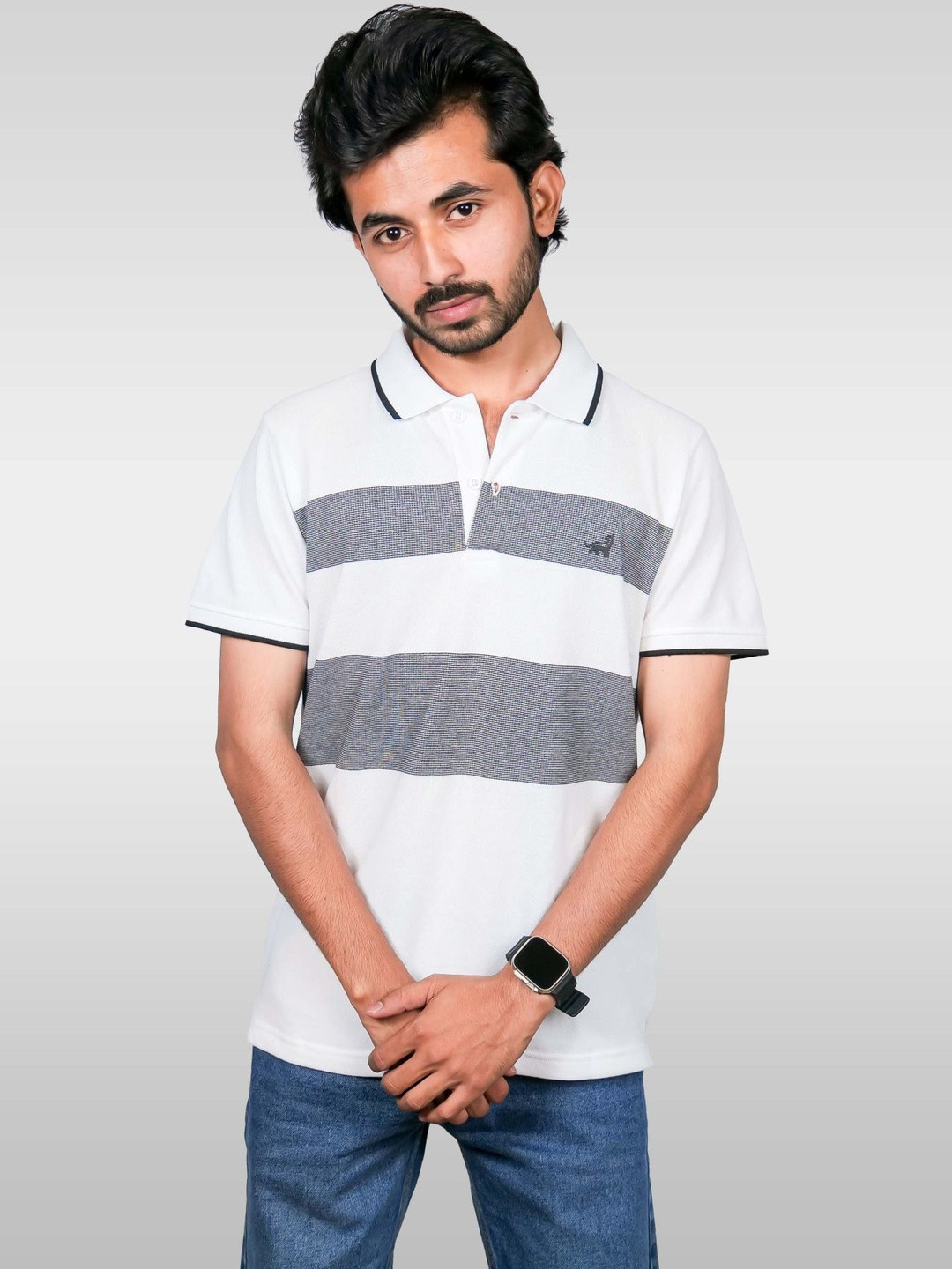 LYNX Men White Striped Cotton Polo Collar T-shirt