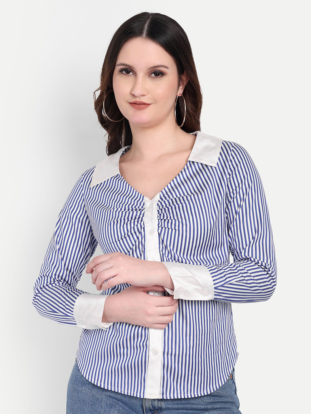 FairLeaf Women Vertical Striped Above the Keyboard Collar Cotton Casual Shirt