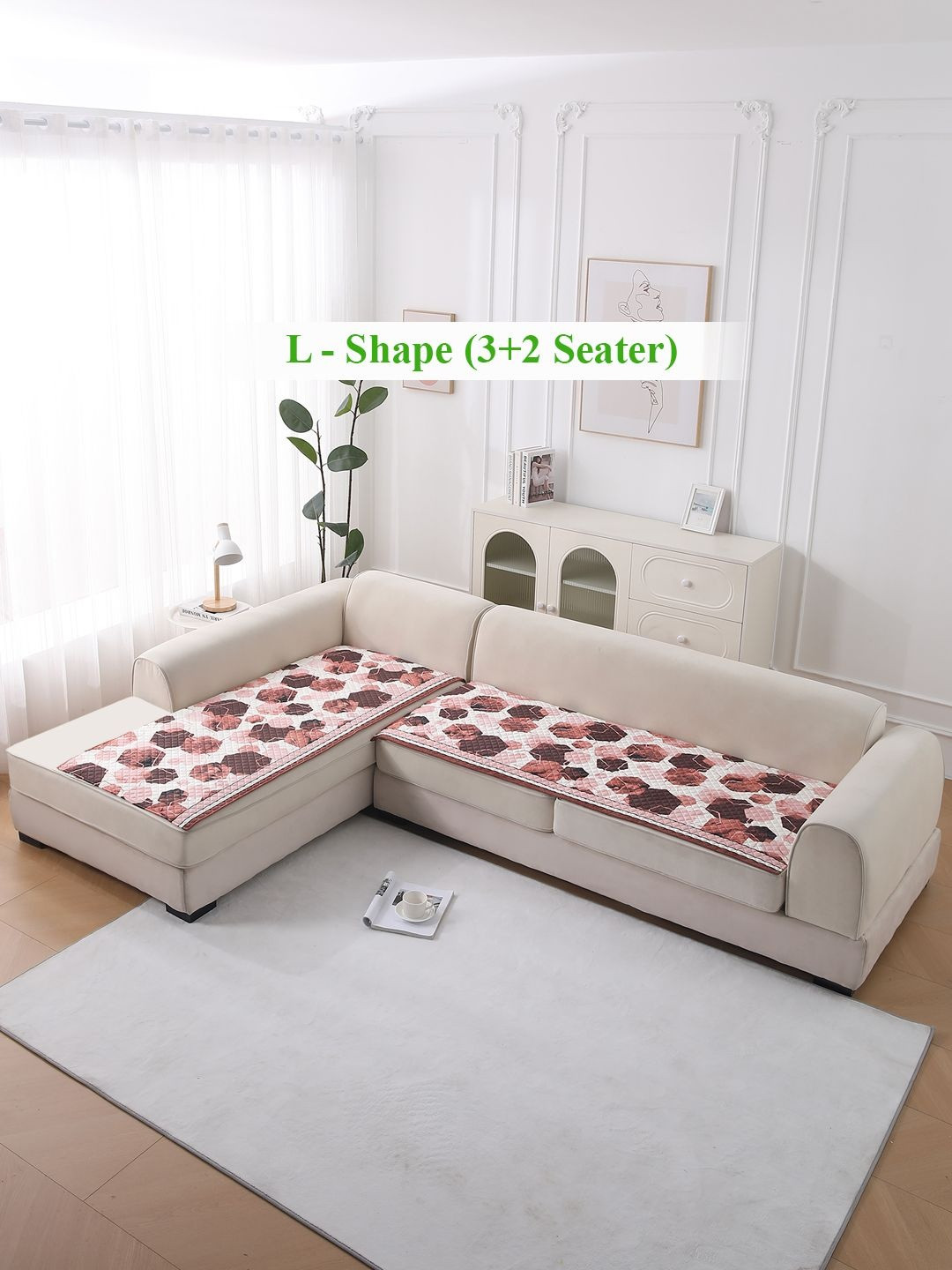 HOKIPO LiefNest Red 2 Pc Printed Velvet L Shape 5 Seater Sofa Cover Mat with Foam Filling