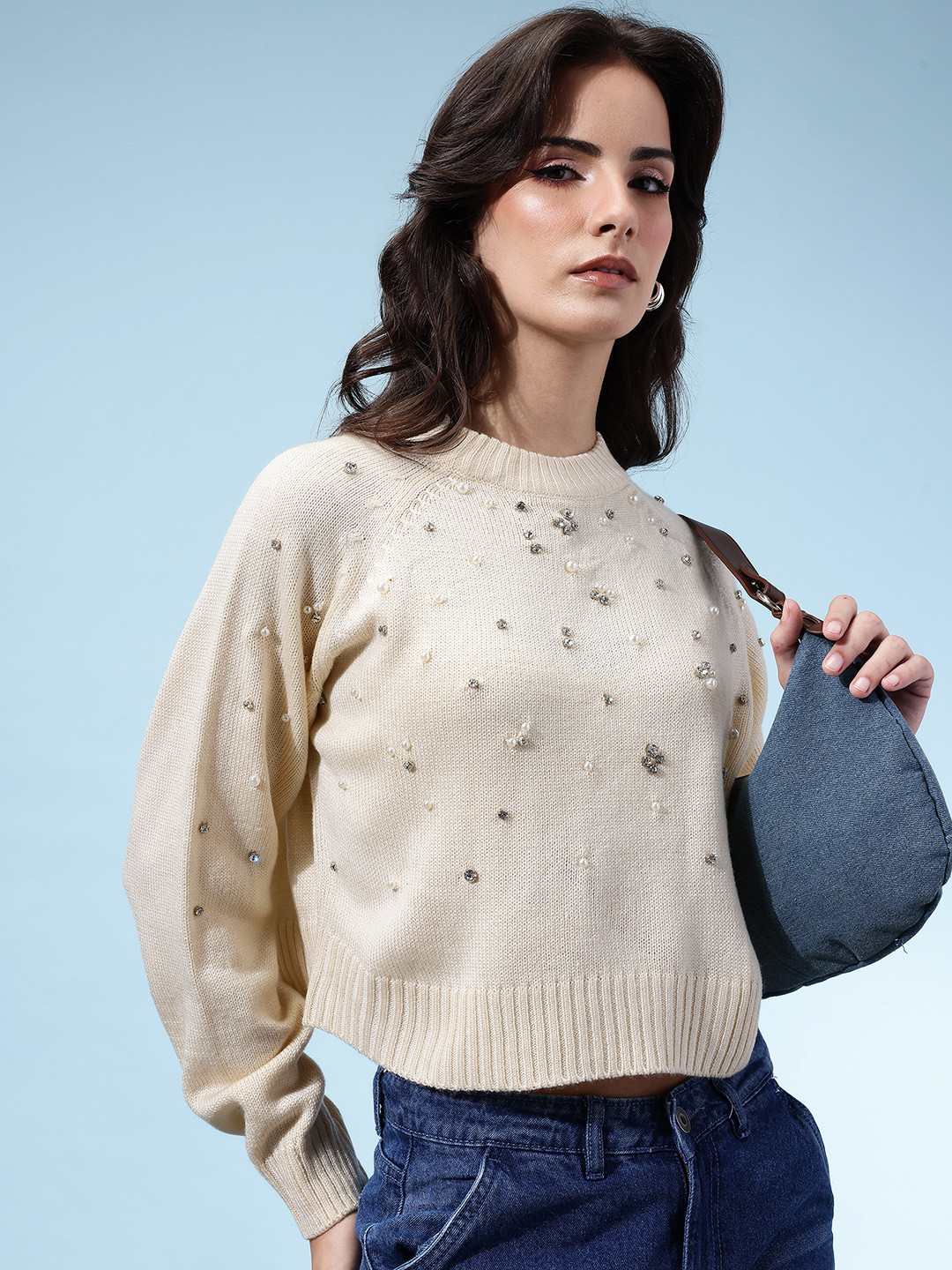 glitchez Embellished Round  Neck Cropped Pullover