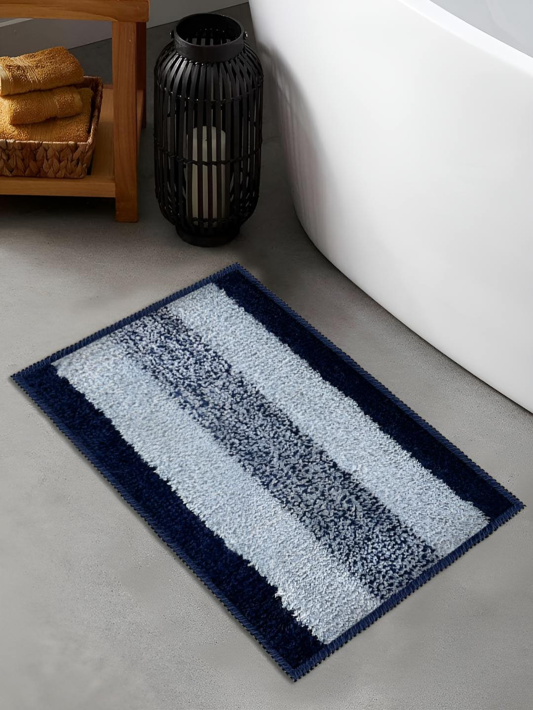GRISHVA Blue & Navy Blue Striped 110 GSM Microfibre Anti-Skid Bath Rug