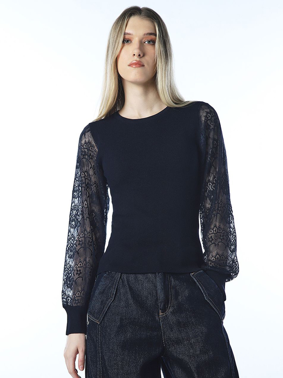 ONLY Women Ribbed Round Neck Ciffed Sleeves Semi Sheer Fitted Top