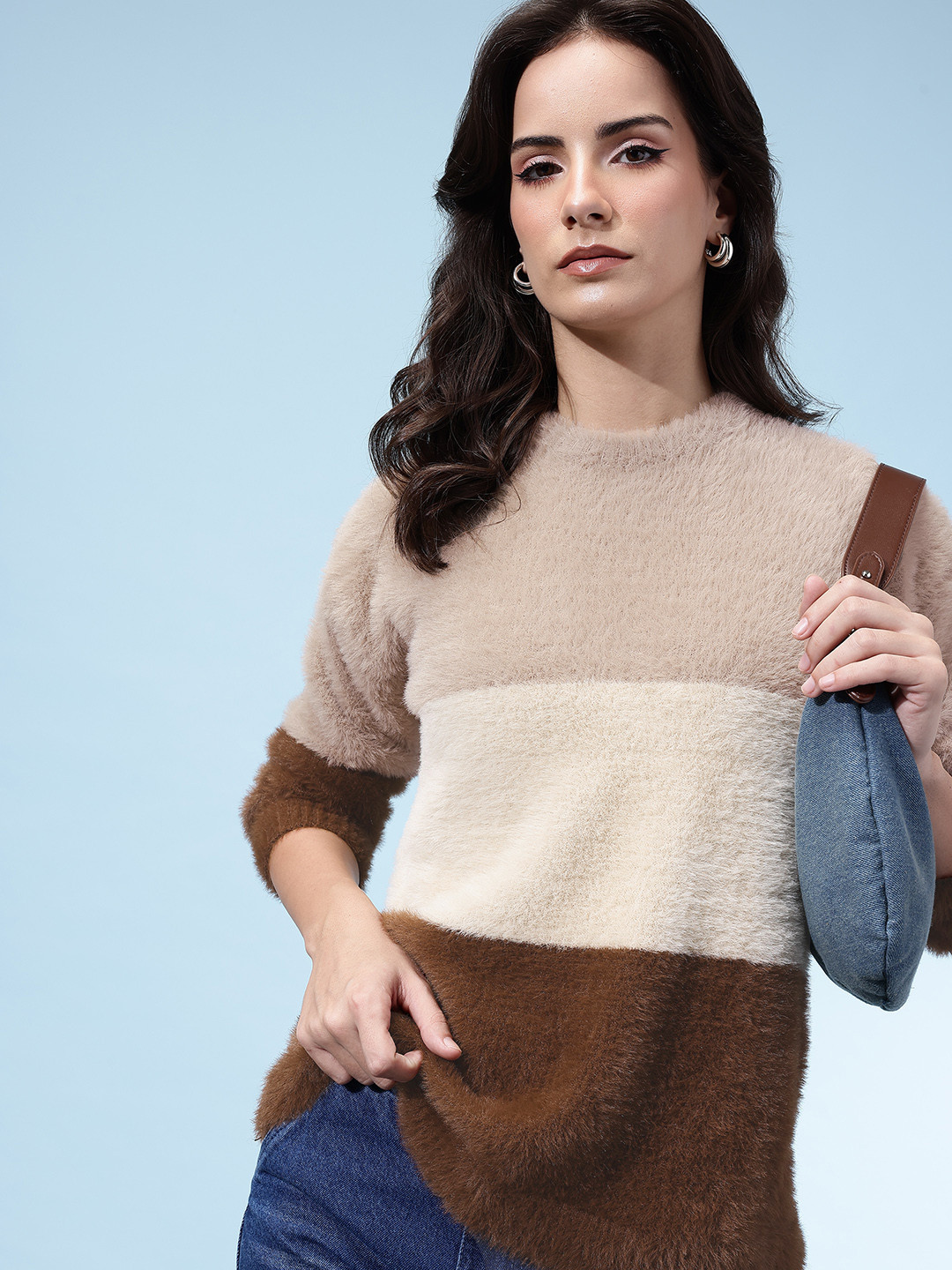 glitchez Faux Fur Trim Colourblocked Cropped Pullover