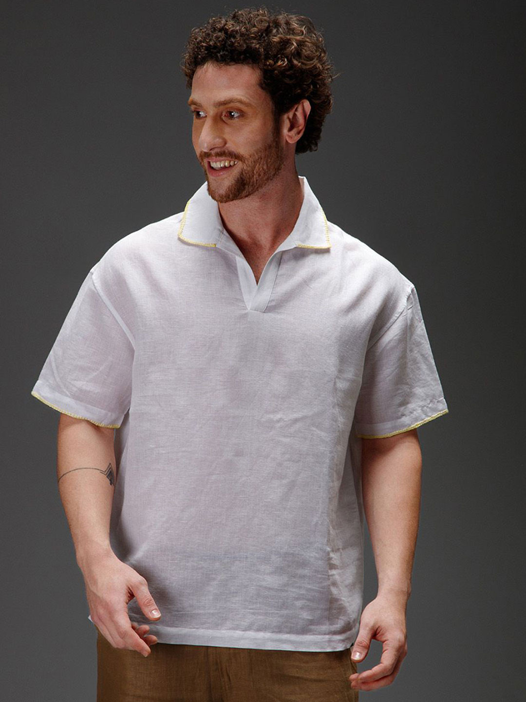 B77 Floral Printed Short Sleeves Cotton Linen Shirt