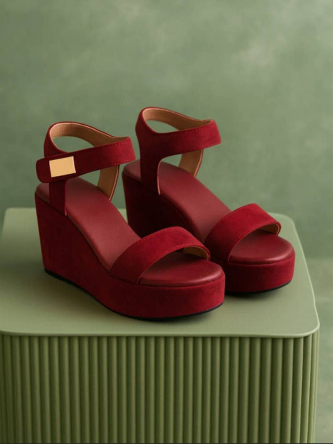 GLO GLAMP Women Open Toe Ankle Strap Velvet Wedge Heels Sandals