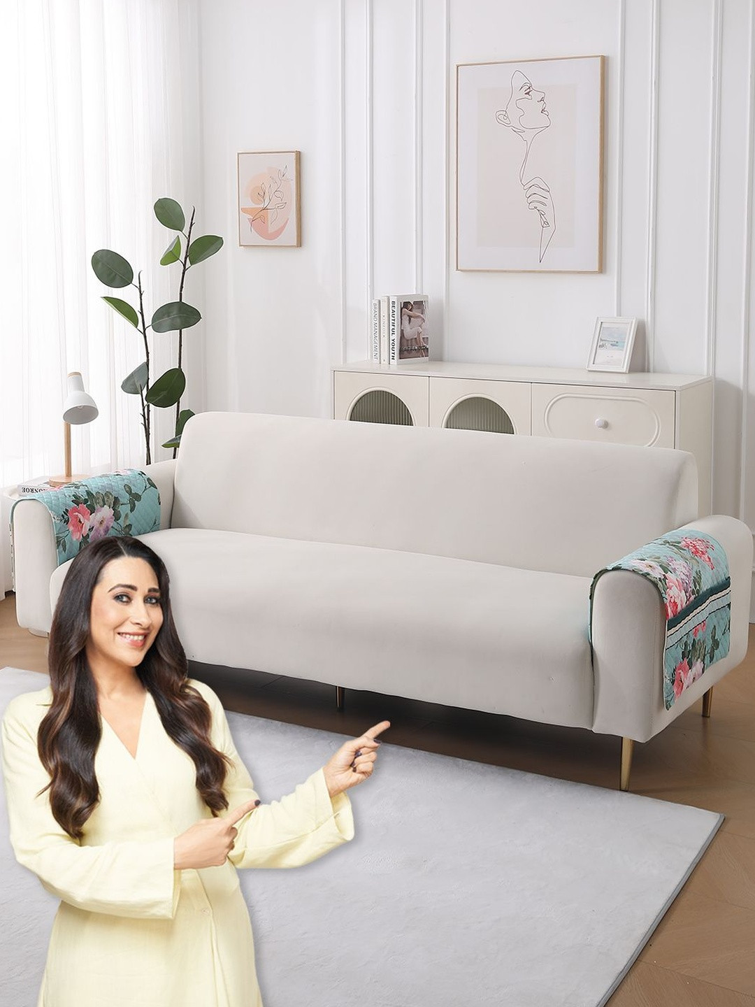 HOKIPO LiefNest Pastel Blue 2 Pcs Printed Holland Velvet Sofa Arm Covers with Foam Filling