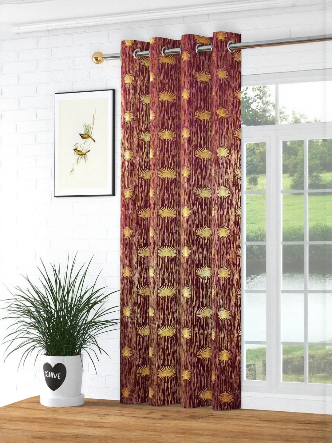 GEET CREATIONS Violet & Gold Single Floral Printed Room Darkening Velvet Window Curtain
