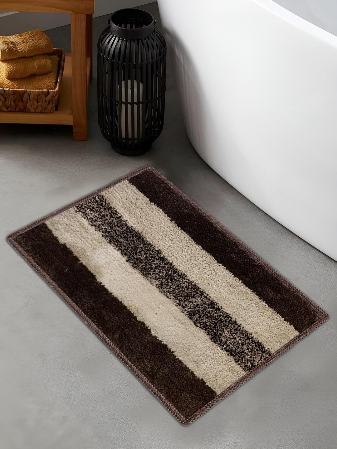 GRISHVA Beige & Brown 110 GSM Striped Microfibre Anti-Skid Bath Rug