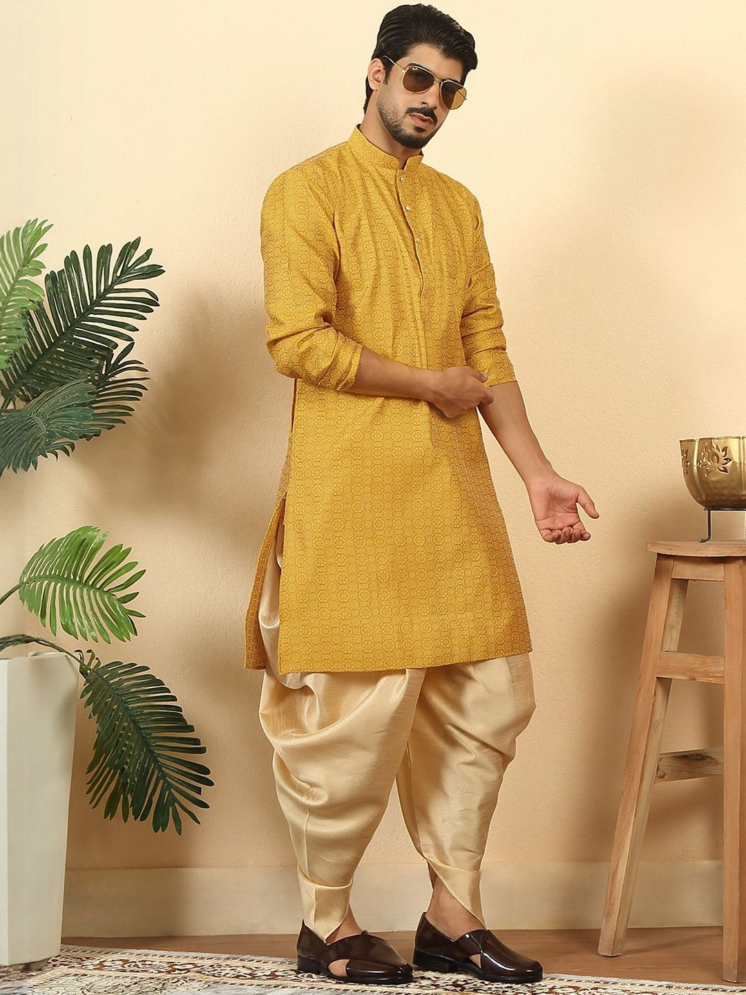 KRAFT INDIA Men Mustard Ethnic Motifs Printed Silk Blend Kurta with Dhoti Pants