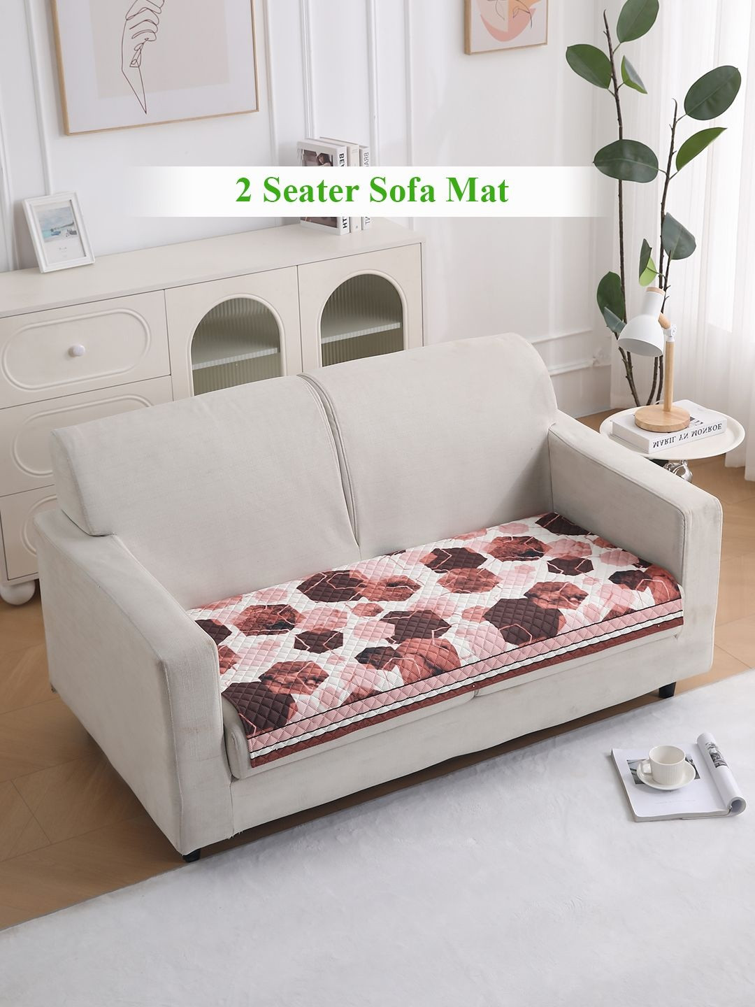 HOKIPO LiefNest Red Printed Holland Velvet Sofa Mat for 2 Seater with Foam Filling