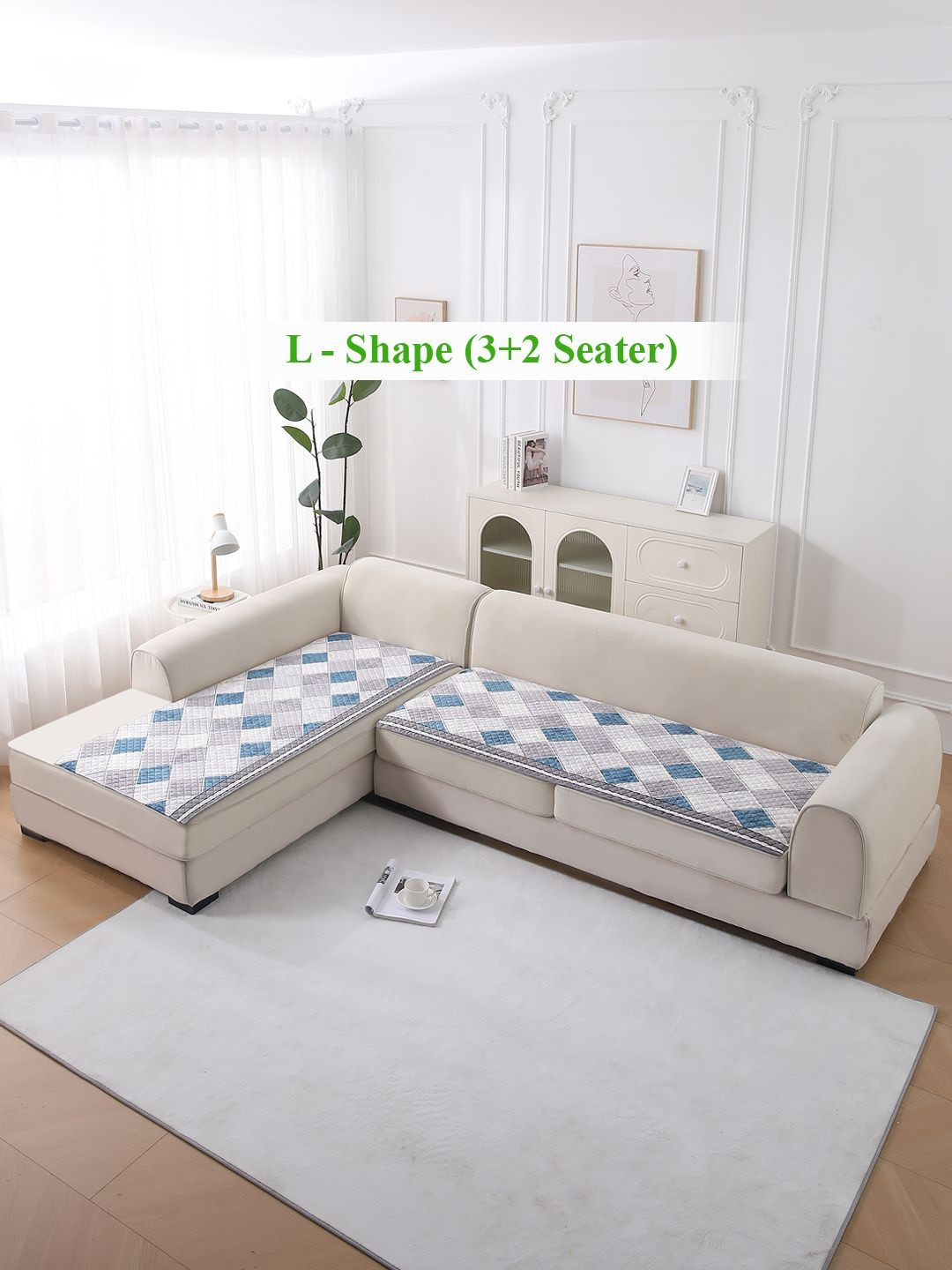 HOKIPO LiefNest Blue 2 Pcs Printed Holland Velvet L Shape 5 Seater Sofa Cover & Filling
