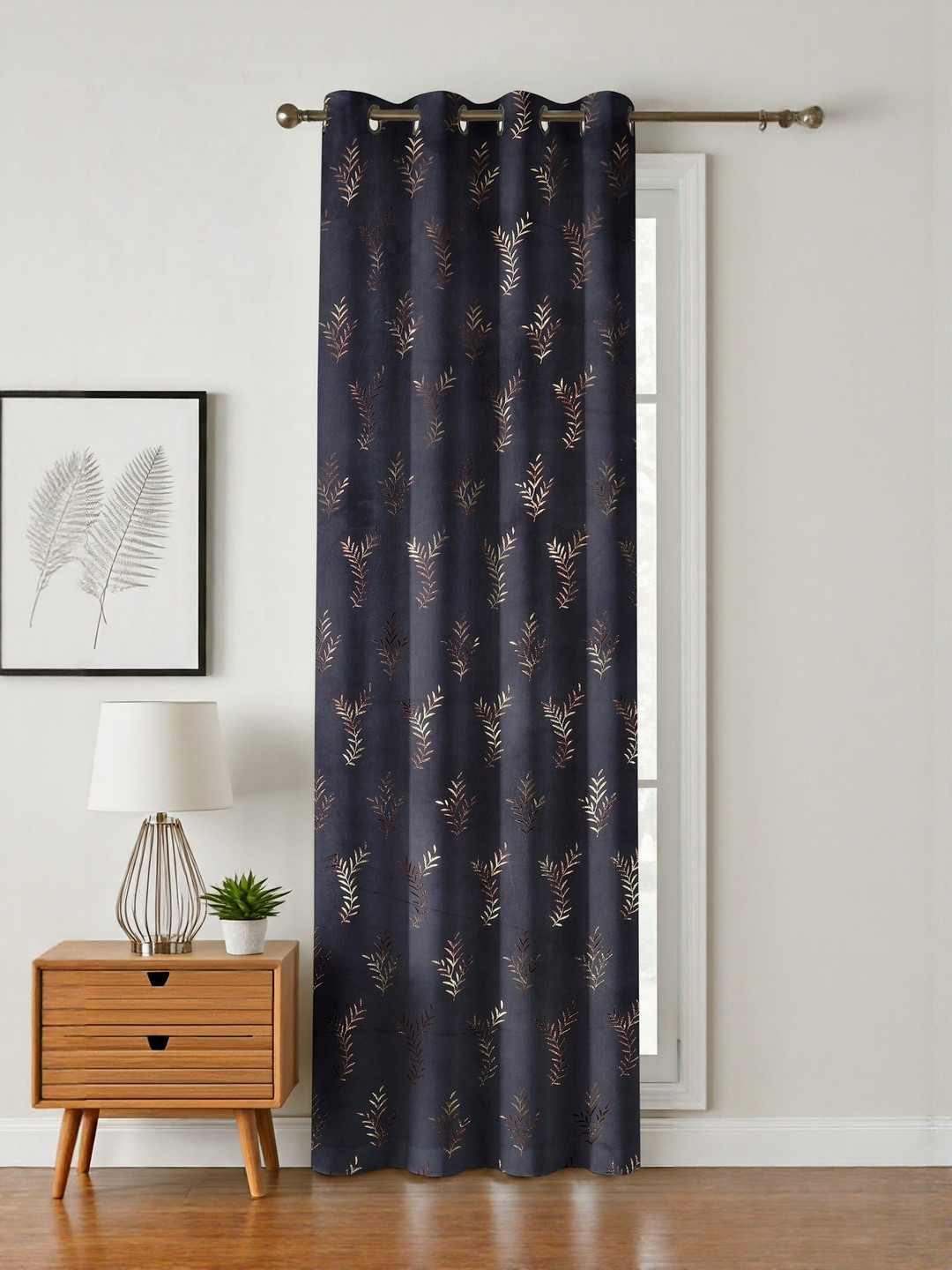 GEET CREATIONS Grey Leaf Room Fade Resistant Velvet Room Darkening Door Curtain