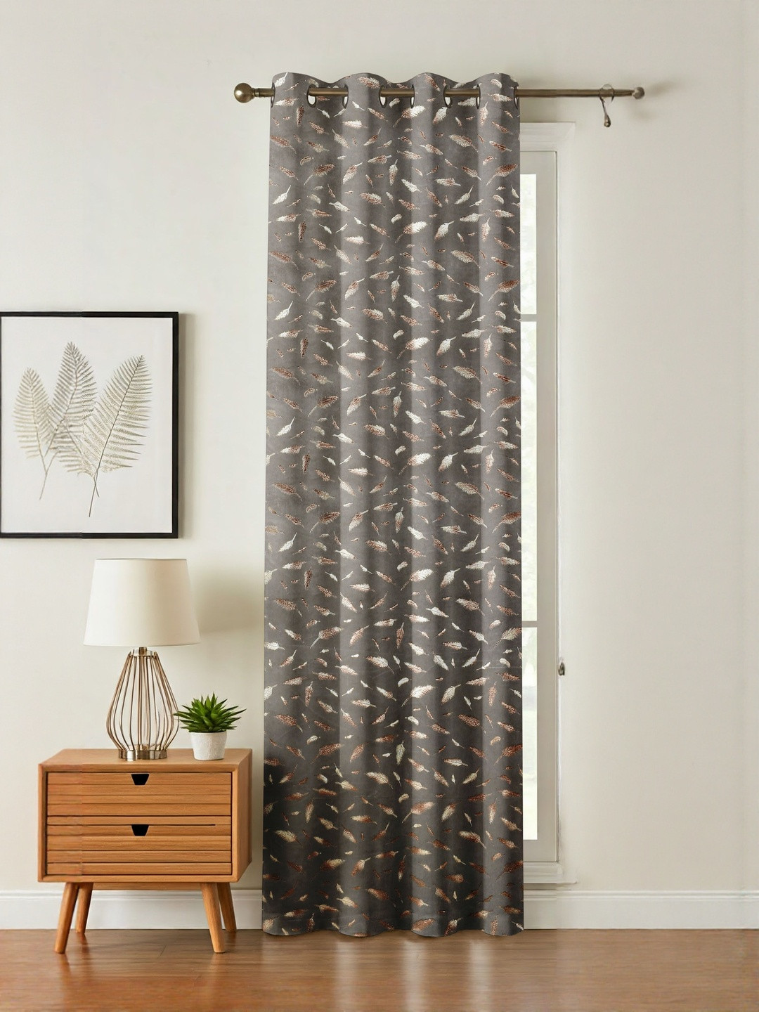 GEET CREATIONS Grey & Gold Feather Room Darkening Long Door Curtain
