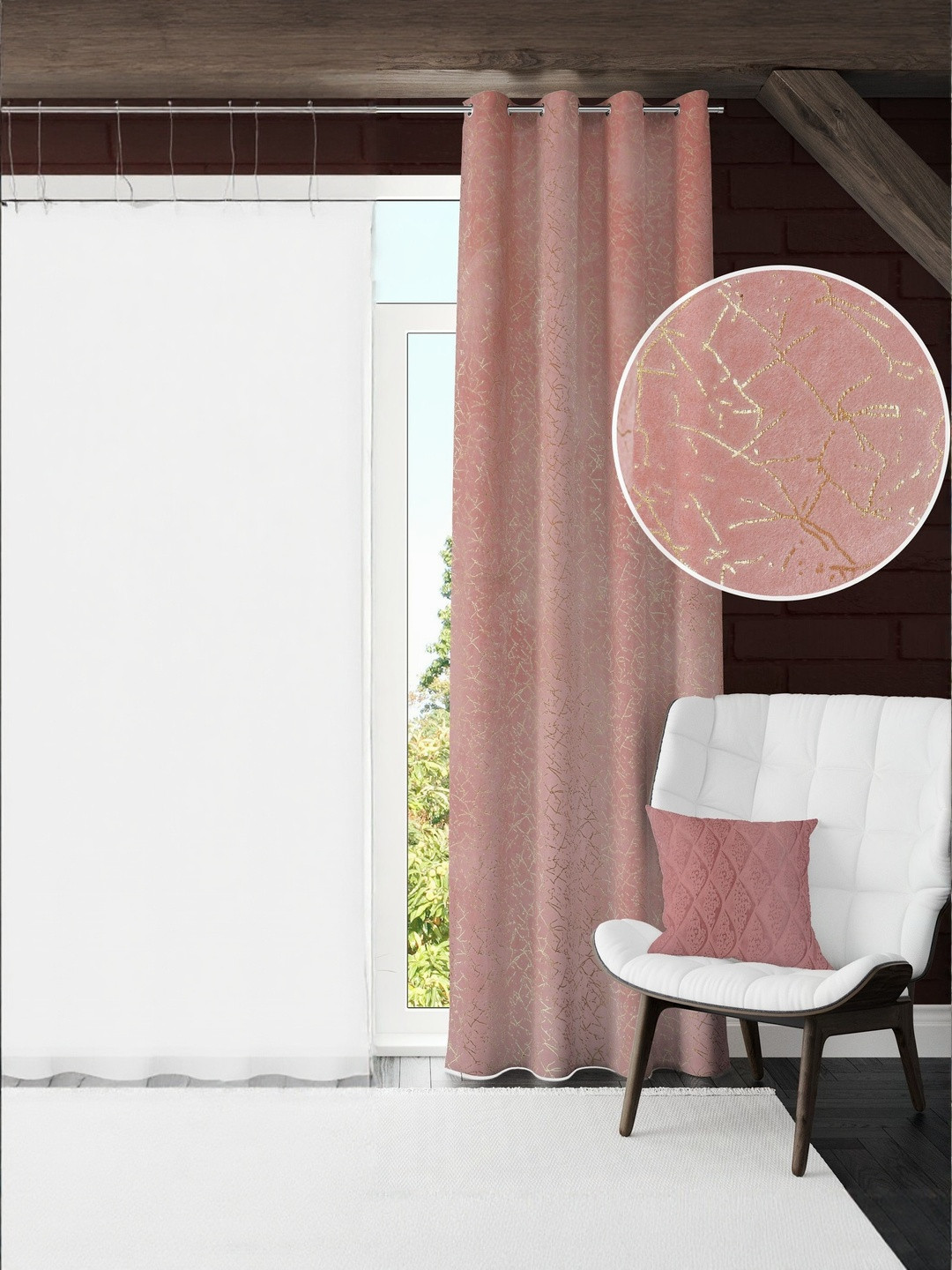 GEET CREATIONS Pink Self Design Room Darkening Long Door Curtain