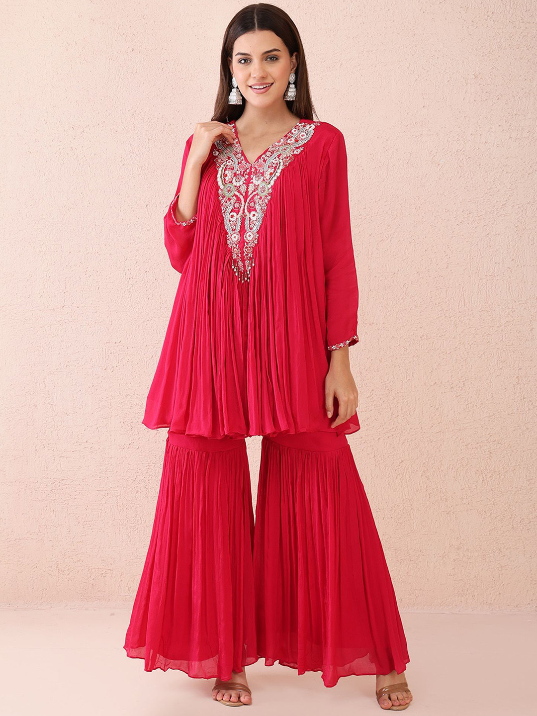 KRIDHAA FASHION BOUTIQUE Yoke Design V-Neck Long Sleeves Tunic & Palazzos