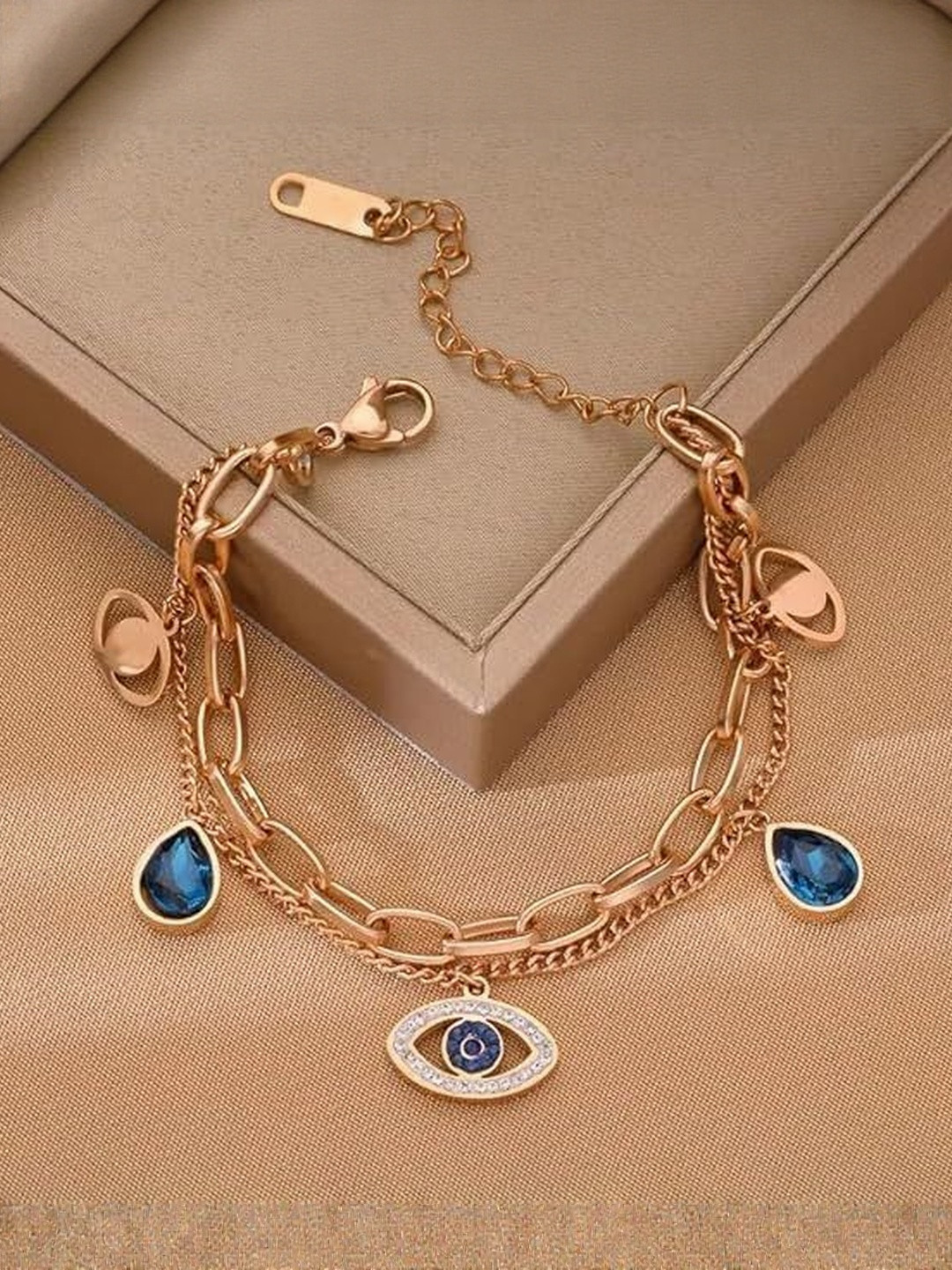 ZAYA Handmade Jewelry Stainless Steel Gold-Plated CZ Studded Evil Eye Charms Bracelet