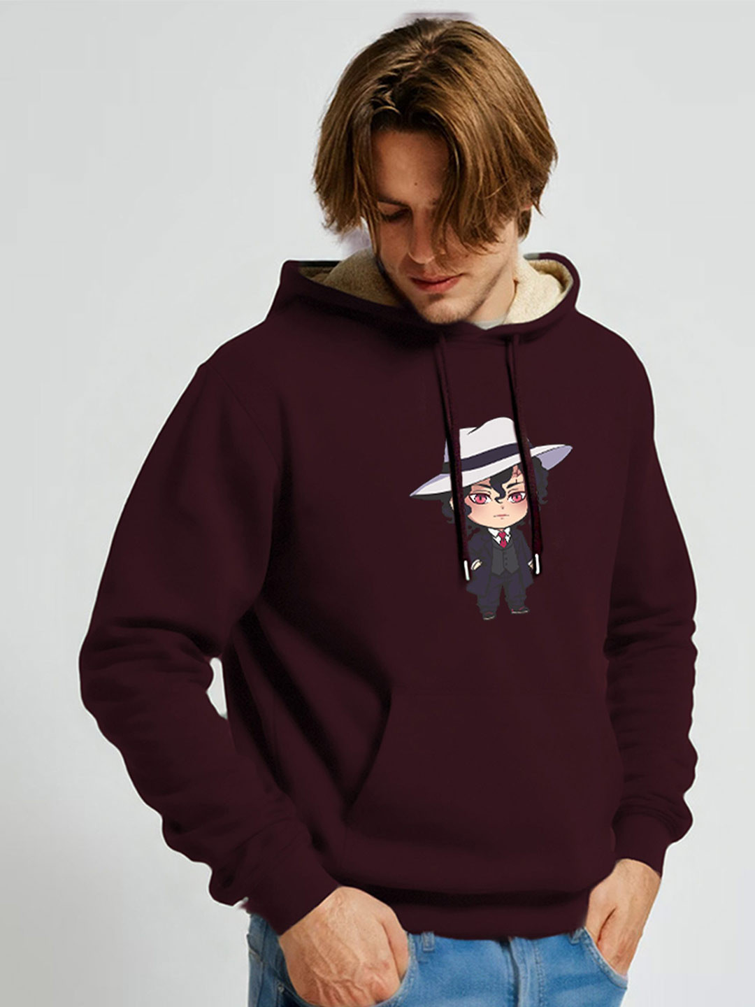 MaverIQ Men Graphic Printed Fur Hooded Pullover Sweatshirt