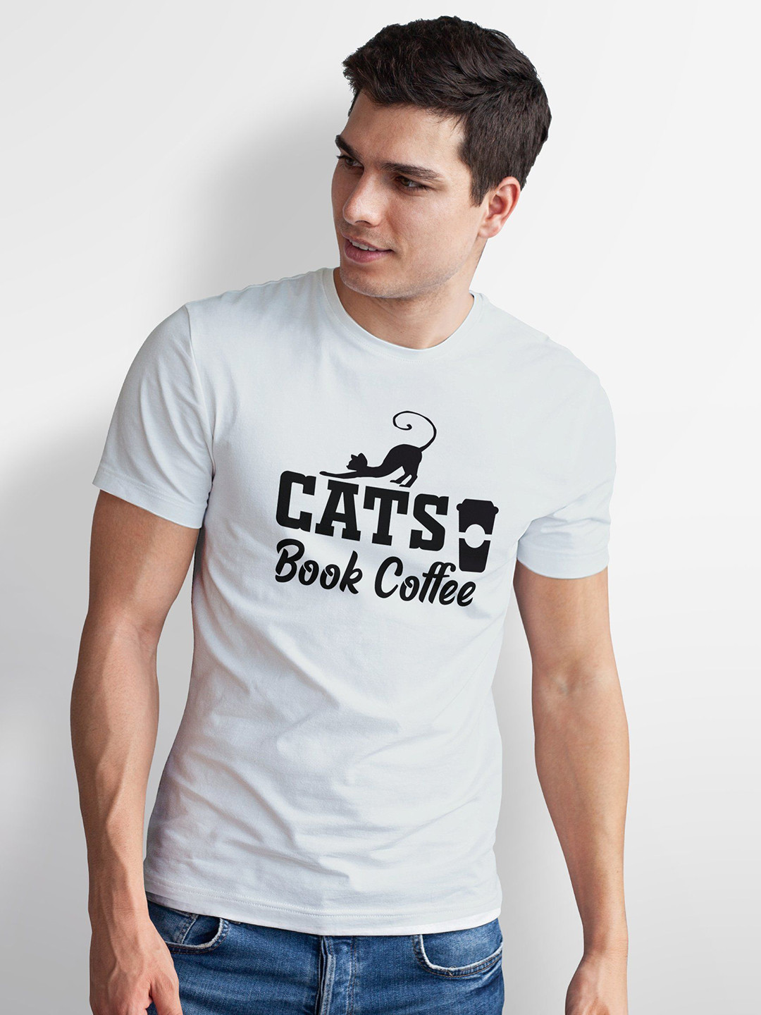 Seekbuylove Cats Books Coffee Printed Round Neck Pure Cotton Bio Finish T-shirt