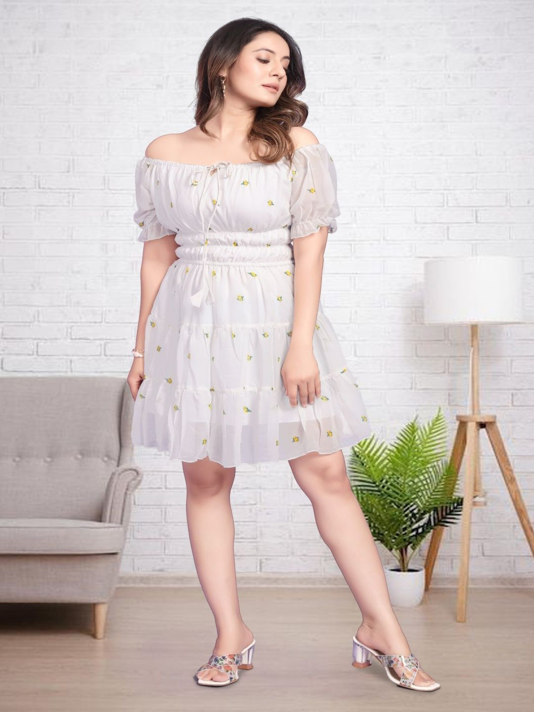 ShriRamGarment Women Floral Print Off-Shoulder Puff Sleeve A-Line Dress