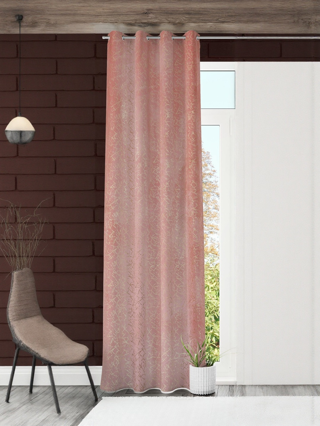 GEET CREATIONS Pink & Gold-Toned Abstract Printed Velvet Room Darkening Long Door Curtain