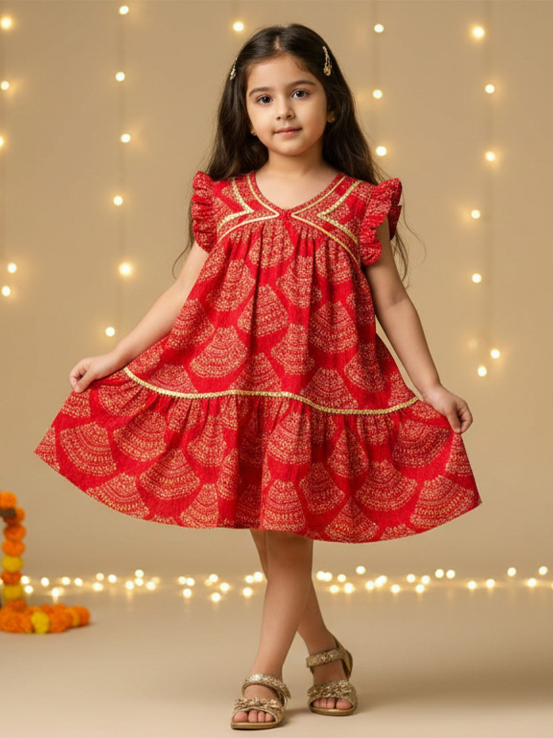 Sangria Girls Floral Printed V-Neck Cap Sleeves Cotton A-Line Ethnic Dress