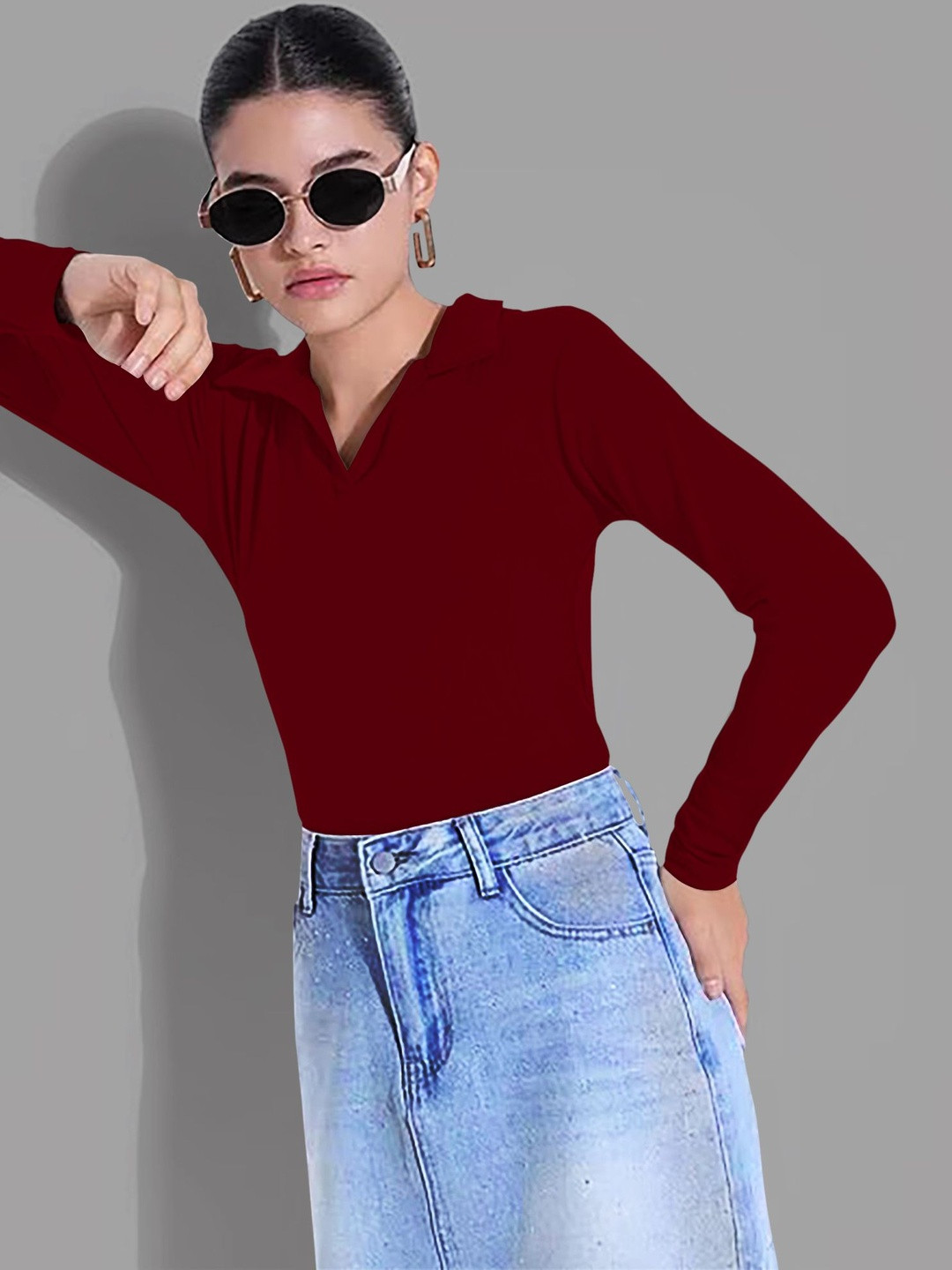 Maheshvi Top-28-Apple-Maroon Women Solid Shirt Style Full Sleeve Top