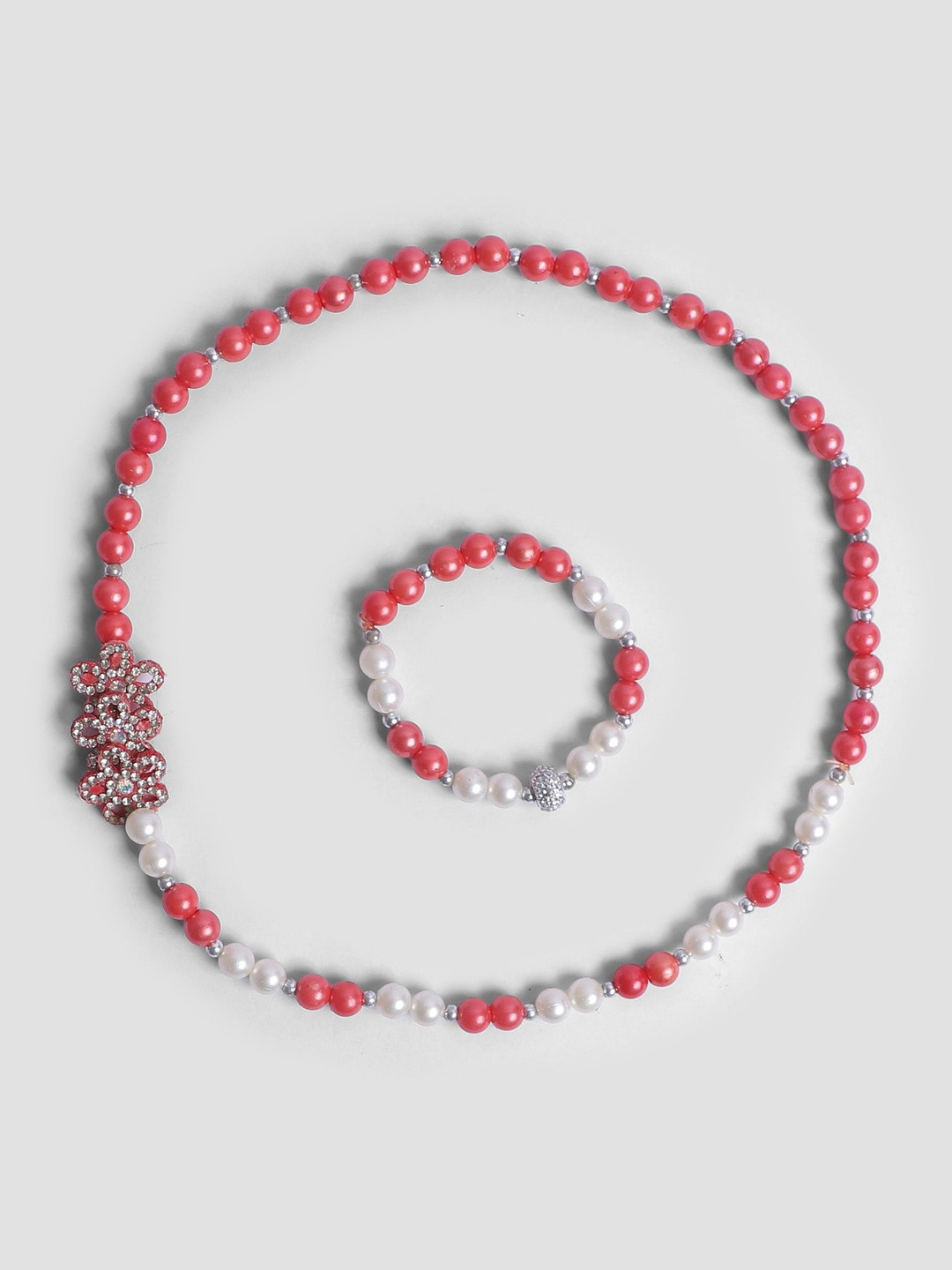 COCO CANDY Girls Stone Studded & Pearls Beaded Floral Design Jewellery Set