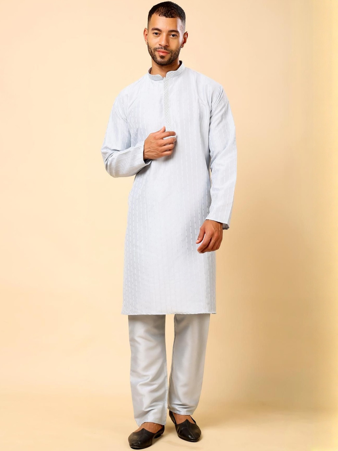 ROYAL KURTA Men Knee Length Regular Thread Work Straight Kurta with Trousers