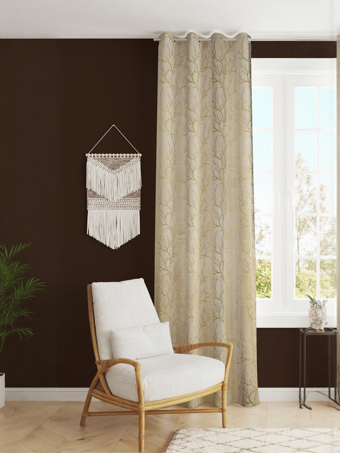 GEET CREATIONS Cream & Gold Self Design Room Darkening Window Curtain