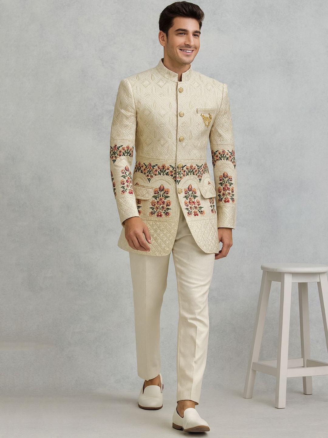 SHAHI ACHKAN Floral Embroidered Mandarin Collar Pure Cotton Comfort Fit Bandhgala Blazer