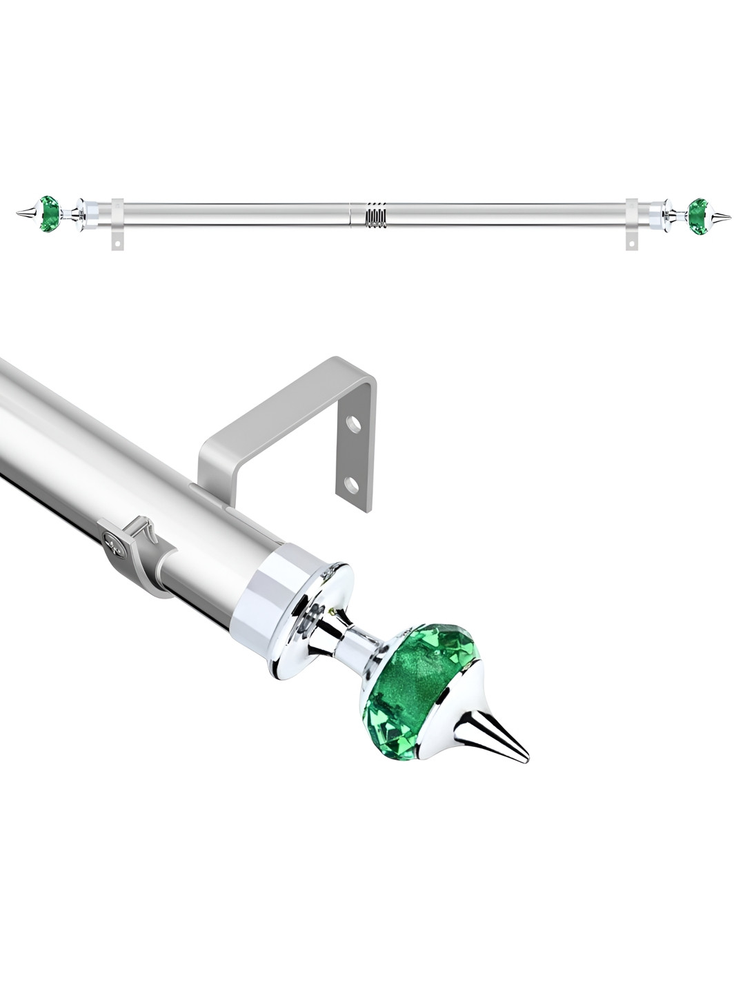 GLOXY Green and Silver Toned 5 Pieces Chrome Finish Extendable Curtain Rods & Brackets