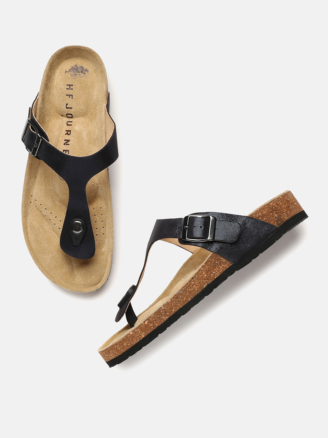 HF JOURNEY Women Leather T-Strap Flats with Buckles