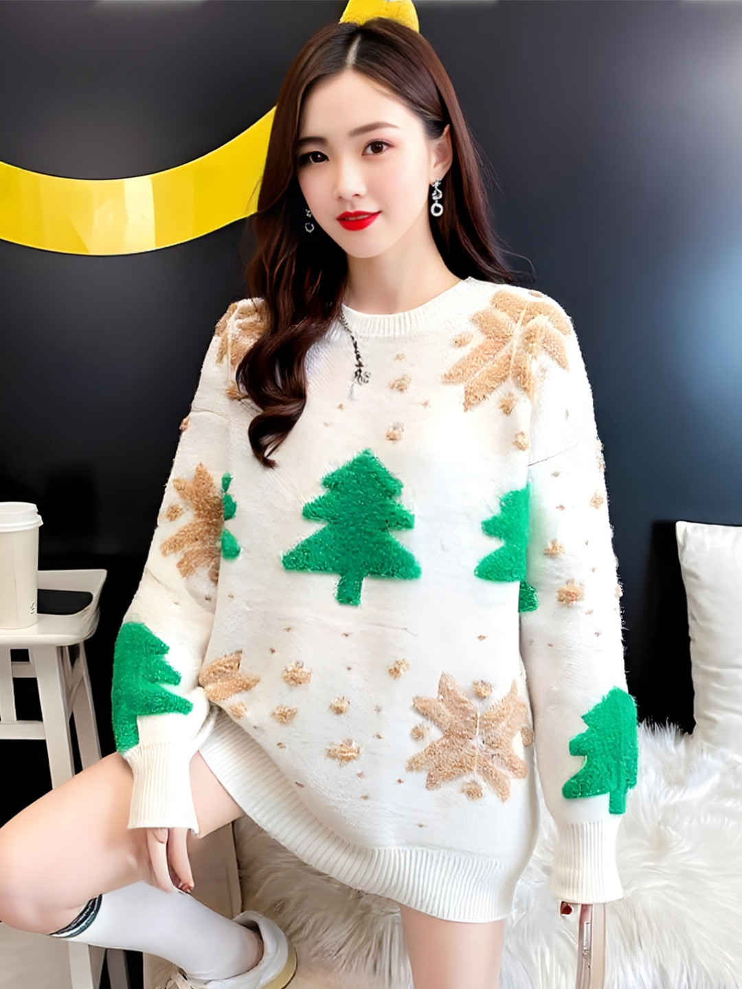 HERE&NOW Women Cream Long Sleeves Printed Longline Pullover