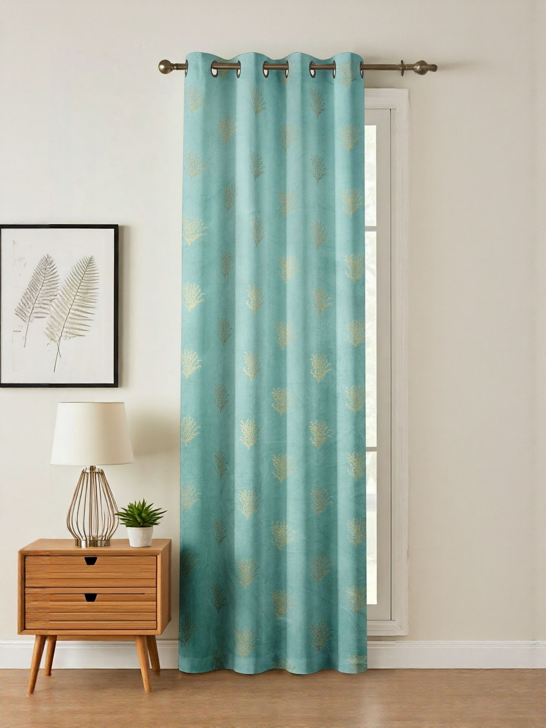 GEET CREATIONS Blue & Gold-Toned Embroidered Room Darkening Velvet Long Door Curtain