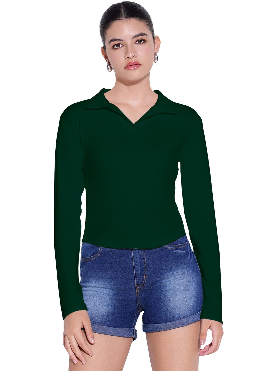 Maheshvi Top-21-Apple-Green Women Shirt Collar Long Sleeves Fitted Top