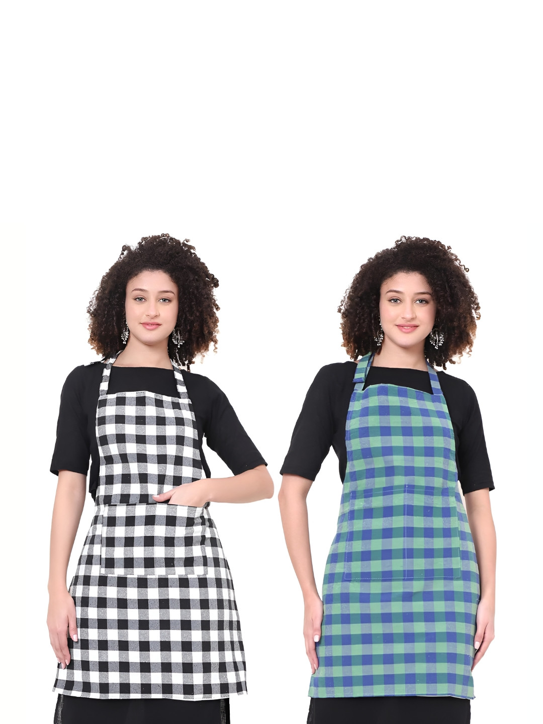 DESNUDA Set of 2 White & Green Checked Waterproof Aprons with Adjustable Strap