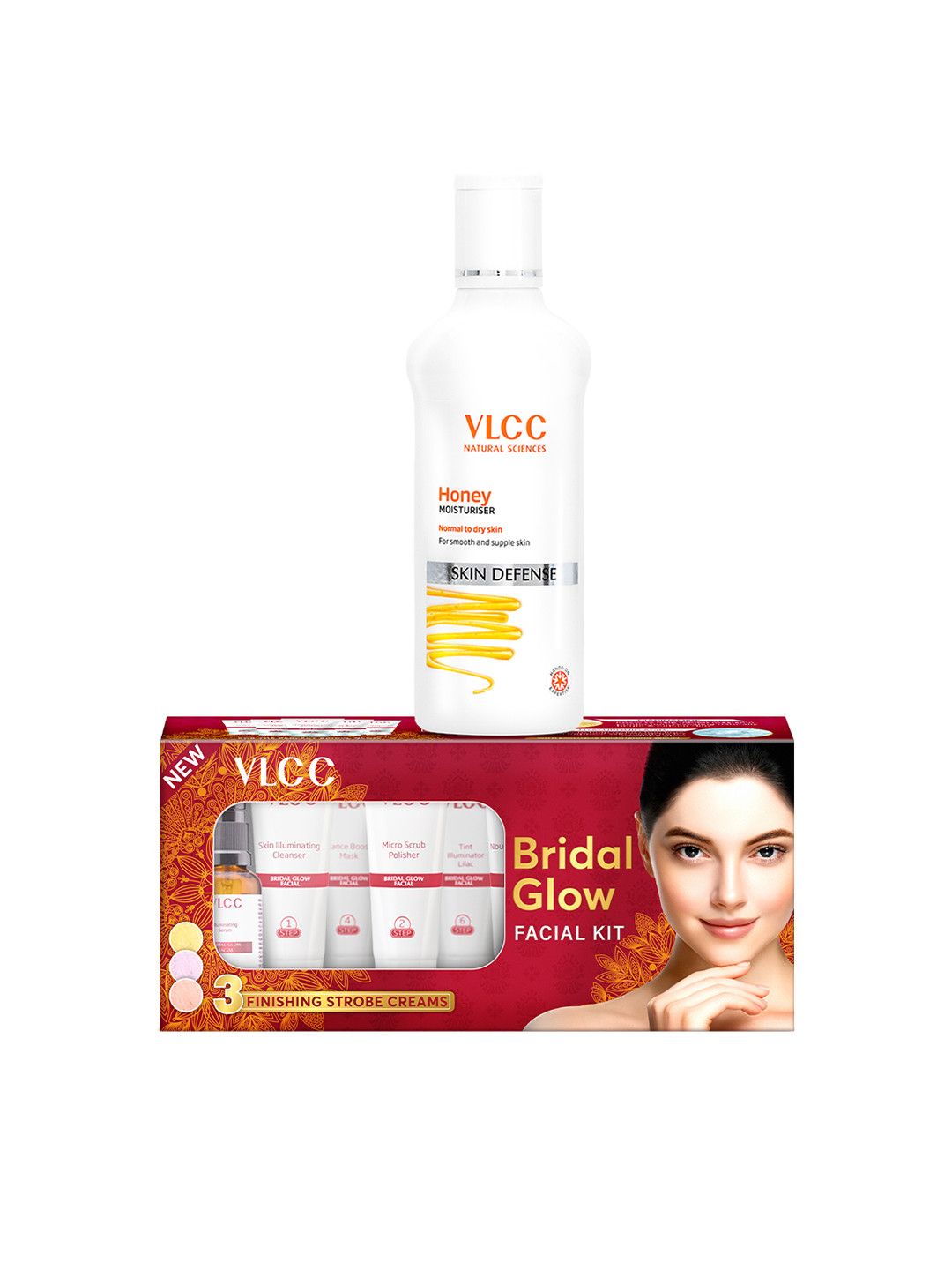 VLCC Set of Skin Defense Honey Moisturizer - 100 ml & Bridal Glow Facial Kit - 49 g